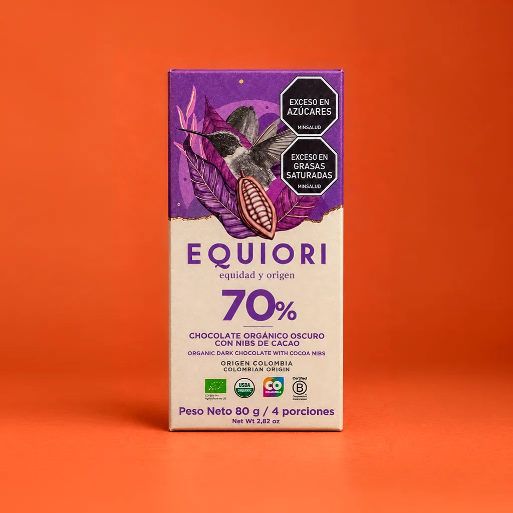 Chocolate Equiori 70% con nibs de cacao de 80 g