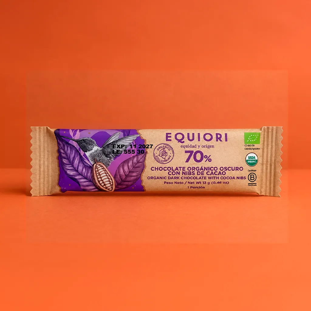 Chocolatina Equiori 70% con nibs de cacao de 13 g